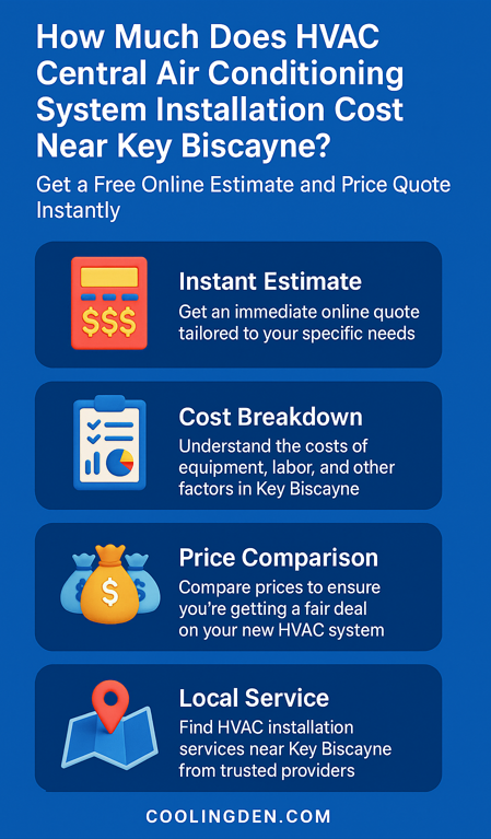How Much Does HVAC Central Air Conditioning System Installation Cost Near Key Biscayne? Get a Free Online Estimate and Price Quote Instantly 2 Vertical infographic by CoolingDen.com explaining HVAC central air conditioning system installation costs near Key Biscayne, featuring 3D icons and sections on instant estimates, cost breakdowns, price comparisons, and local service options.