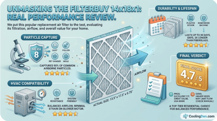 Filterbuy 14x18x1 Air Filter Review 3 A detailed infographic for a Filterbuy 14x18x1 Air Filter Review by CoolingDen.com, featuring 3D icons that illustrate its MERV 8 particle capture, HVAC compatibility, 90-day lifespan, and a final verdict of 4.7 out of 5 stars.