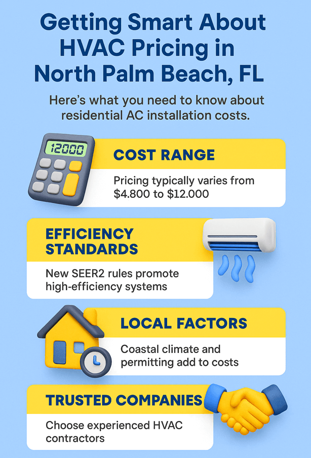 Get Smart About HVAC Pricing in North Palm Beach, FL | Best Residential Air Conditioning Installation Services Company Cost & Estimates Explained 2 Vertical infographic titled "Getting Smart About HVAC Pricing in North Palm Beach, FL," featuring a clean blue and yellow design with 3D icons. Sections include cost range ($4,800–$12,000), efficiency standards (SEER2 rules), local factors (climate and permits), and trusted companies (experienced HVAC contractors), with a takeaway summary box at the bottom.