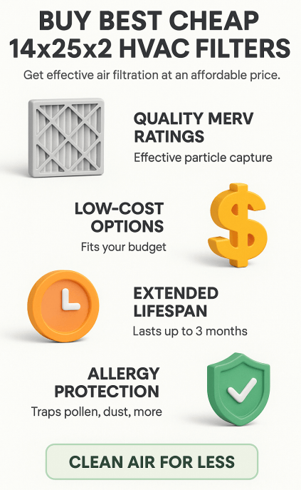Buy Best Cheap 14x25x2 HVAC Filters – Clean Air for Less? 2 Vertical infographic promoting affordable 14x25x2 HVAC filters with 3D icons and bold text. Highlights include quality MERV ratings, low-cost options, extended lifespan up to 3 months, and allergy protection, ending with a takeaway box that reads “Clean Air for Less.”