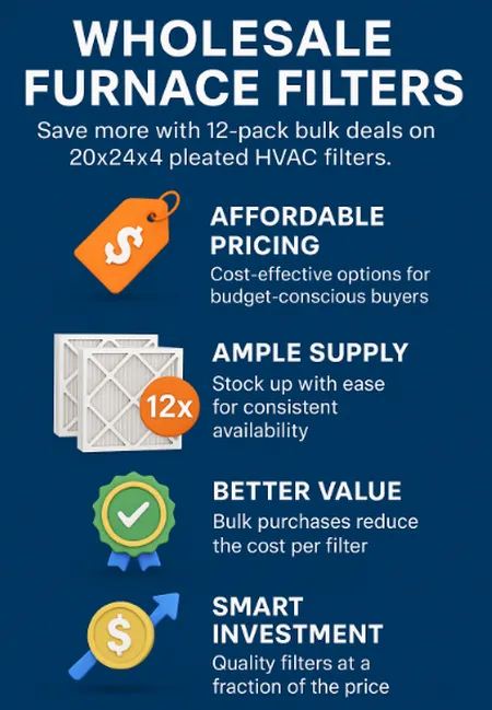 Buy the Best Cheap 20x24x4 Pleated Home HVAC Furnace Air Conditioner Filter in Bulk — 12-Pack Wholesale Deals That Save You More 2 Vertical infographic with a blue background promoting 12-pack bulk deals on 20x24x4 pleated HVAC furnace filters, featuring four sections with 3D icons and bold headings highlighting affordable pricing, ample supply, better value, and smart investment.