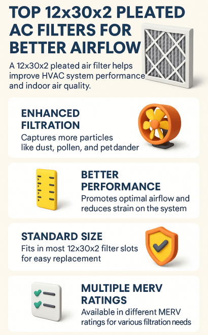 Top 12x30x2 Pleated AC Filters for Better Airflow 2 Vertical infographic titled 'Top 12x30x2 Pleated AC Filters for Better Airflow' showing benefits such as enhanced filtration, better performance, standard size compatibility, and multiple MERV ratings, with 3D icons and a clean, informative layout.