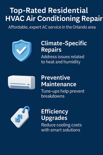Top-Rated Residential HVAC Air Conditioning Repair Services Company with Competitive Cost and Prices Near Orlando FL 2 Vertical infographic in dark blue theme highlighting Top-Rated Residential HVAC Air Conditioning Repair near Orlando FL, featuring 3D icons for climate-specific repairs, preventive maintenance, and efficiency upgrades, each with concise descriptions and clear headings.