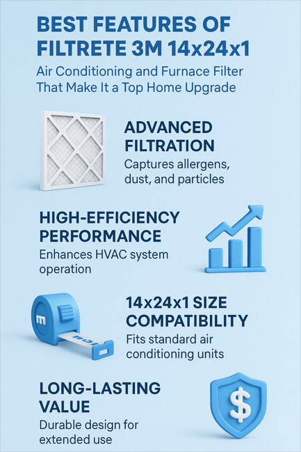 Best Features of Filtrete 3M 14x24x1 Air Conditioning and Furnace Filter That Make It a Top Home Upgrade 2 Infographic outlining key benefits of the Filtrete 3M 14x24x1 filter—advanced filtration, system efficiency, size compatibility, and long-lasting value.
