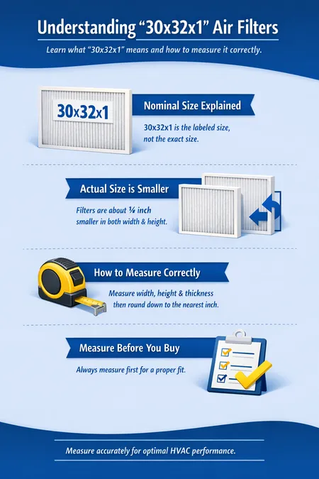 What Does “30x32x1” Mean on an Air Filter and How to Measure It Correctly 2 Vertical infographic explaining what 30x32x1 means on an air filter, showing nominal vs actual size, correct measurement steps, and tips for proper HVAC filter fit