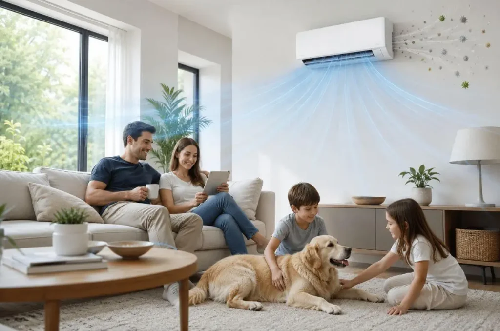 Mini Split Brands With the Best Built-In Air Filtration 2 Family relaxing with their dog in a bright living room as a premium mini split with built-in air filtration removes dust, pollen, pet hair, bacteria, and allergens.