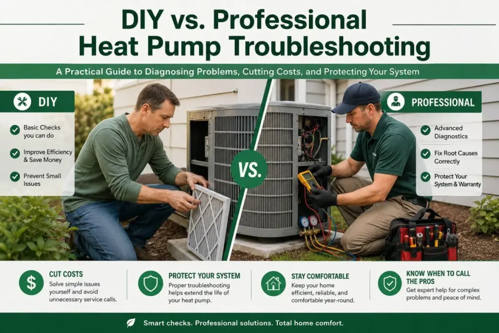 Heat Pump Troubleshooting Guide: DIY vs. Professional — Which One Actually Saves You More Money? 2 Showing DIY vs. professional heat pump troubleshooting, with a homeowner checking a filter and inspecting a unit on one side and an HVAC technician using diagnostic tools on the other, highlighting how to diagnose problems, cut costs, and protect your heat pump system.