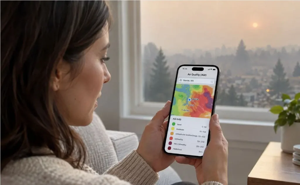Wildfire Smoke AQI Levels: What They Mean 2 Homeowner checks a live AQI map on a smartphone during wildfire smoke, with a clear color-coded air quality scale from green to maroon, showing how to read AQI levels and know when to take indoor action.